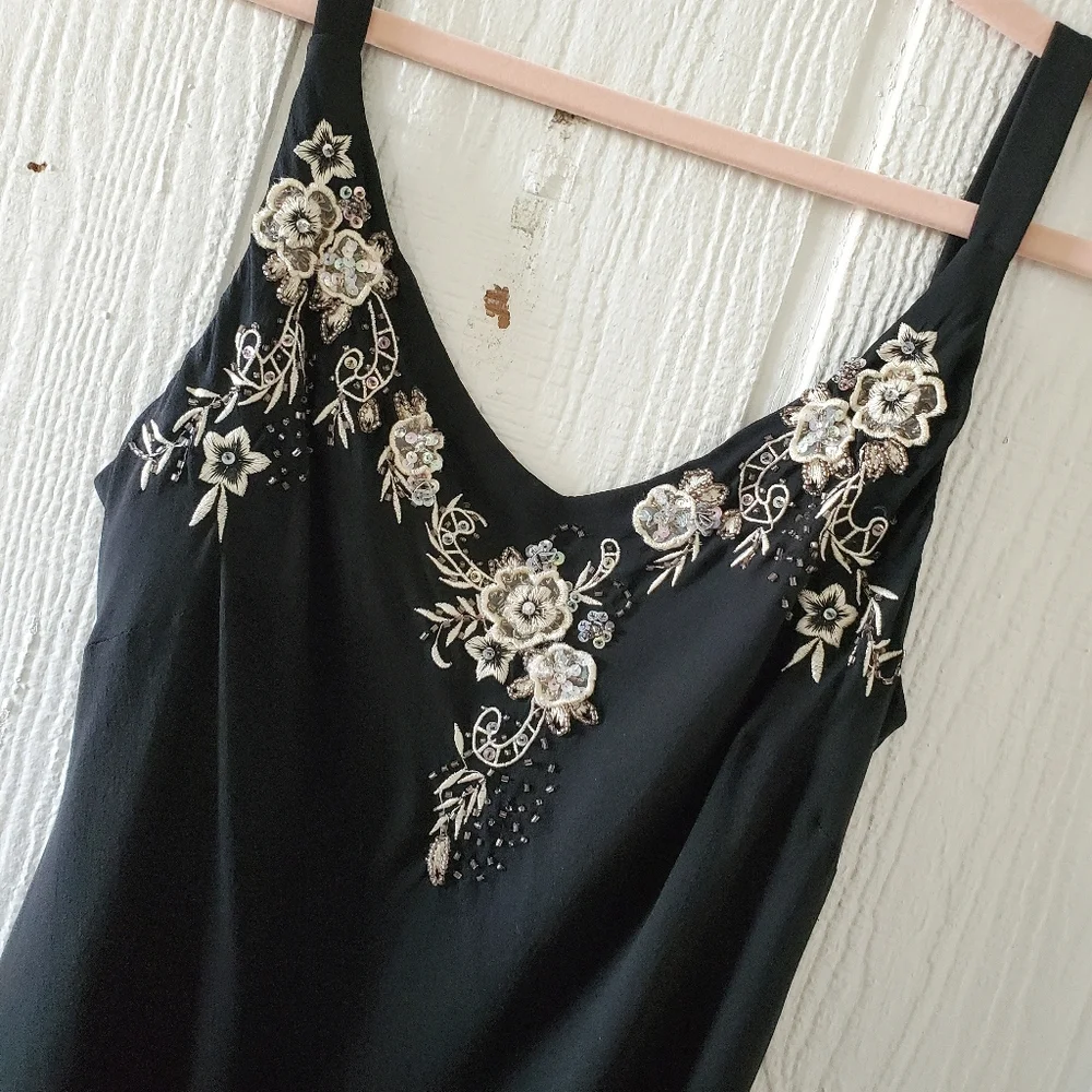 Dress Barn Silk Chiffon Floral Embroidered Sequin Sleeveless V Neck Black sz 14 - Picture 3 of 7